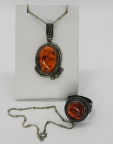 Vintage Amber Sterling Necklace & Ring