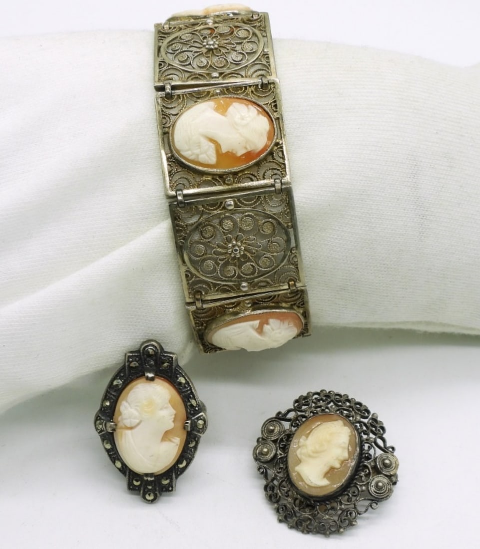 Vintage Cameo Jewelry - Sterling & 800 Silver: Vintage Cameo Jewelry. Sterling bracelet (tested, it's not marked), 7" long. Sterling cameo & marcasite ring, size 5. 800 Silver cameo brooch, 1". (24 dwt)