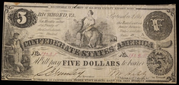 1861 T-36 $5 Confederate Note