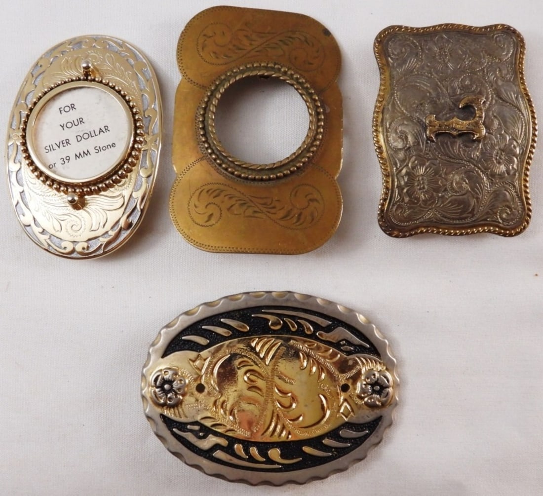 (4) Vintage Belt Buckles: Gold and silver-tones