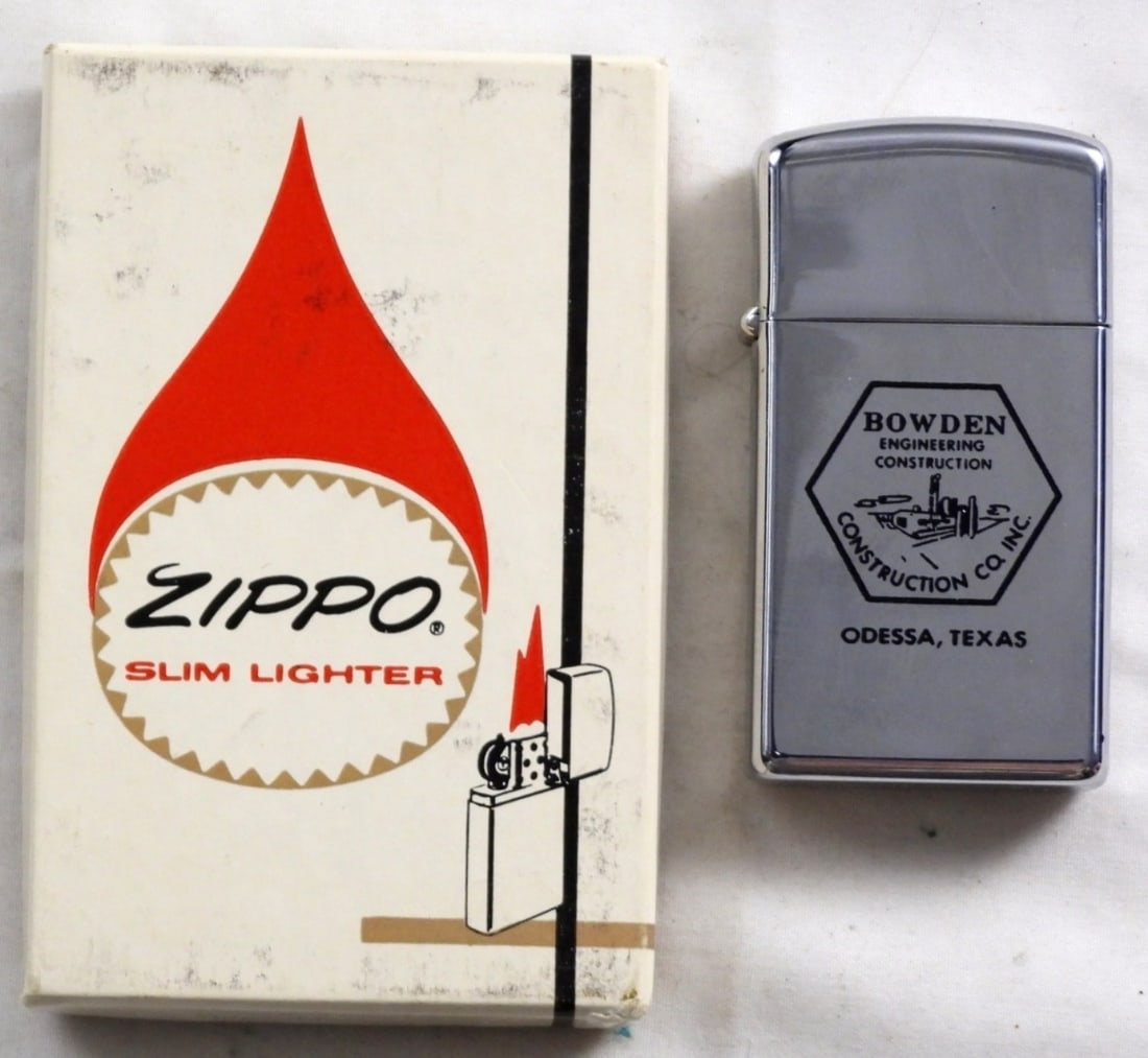 1967 Slim Zippo Advertising, Unfired: Unfired, 1967. "Bowden Engineering Construction Odessa, Texas"