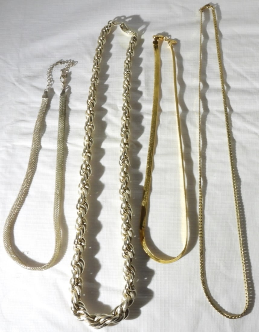 (4) Chain Necklaces: silver tone and gold tone necklaces
