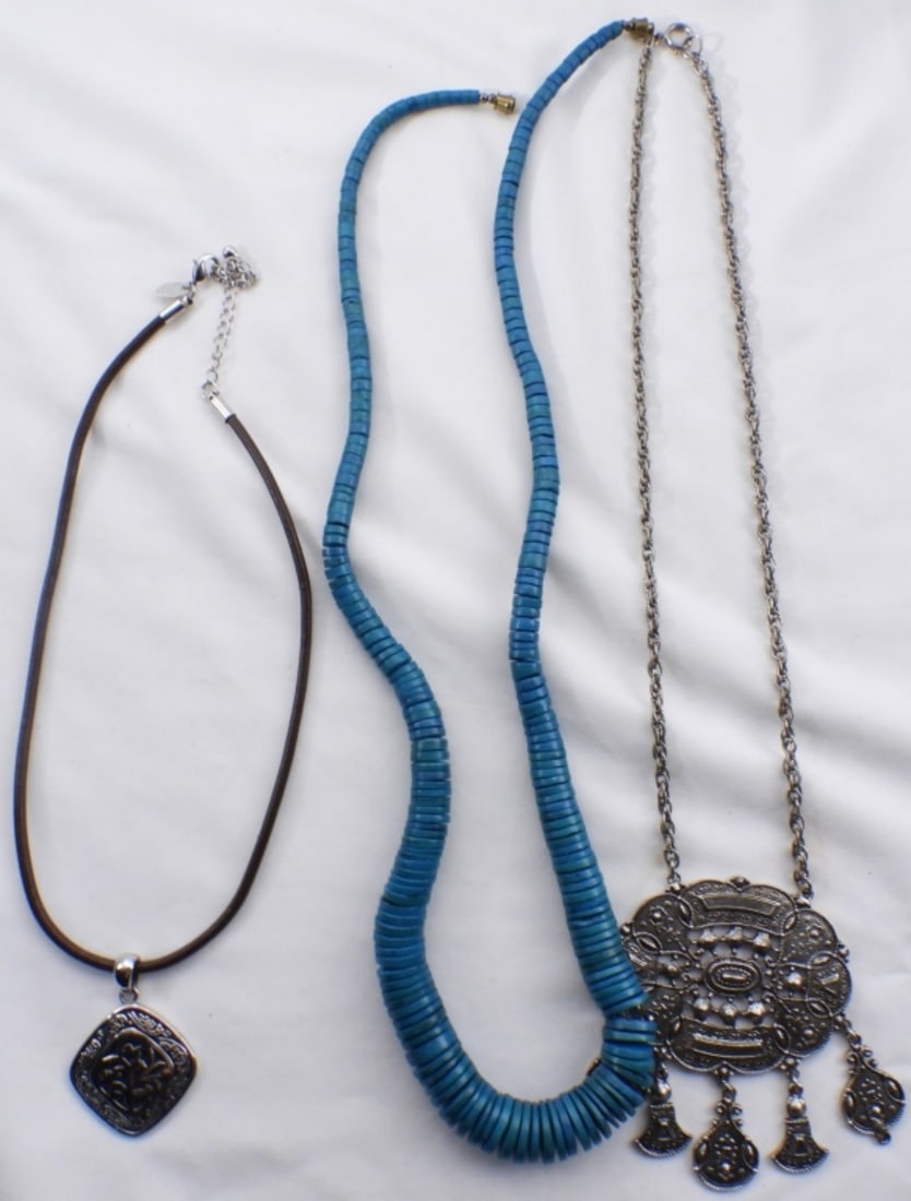 (3) Western Style Necklaces: Beautiful teal color, belt buckle style necklaces
