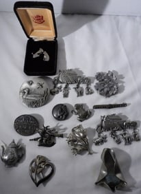 (15) Pewter Color Brooches & Pair Of Earrings