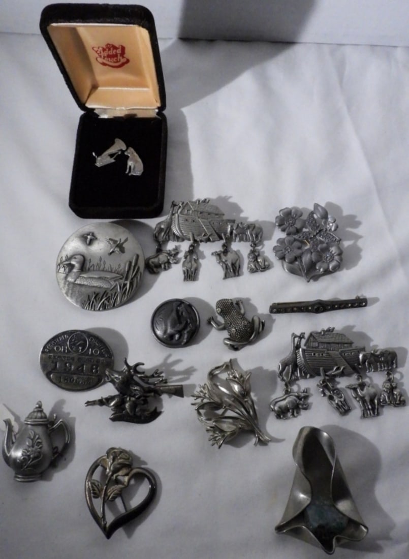 (15) Pewter Color Brooches & Pair Of Earrings: (1) Pair of earrings