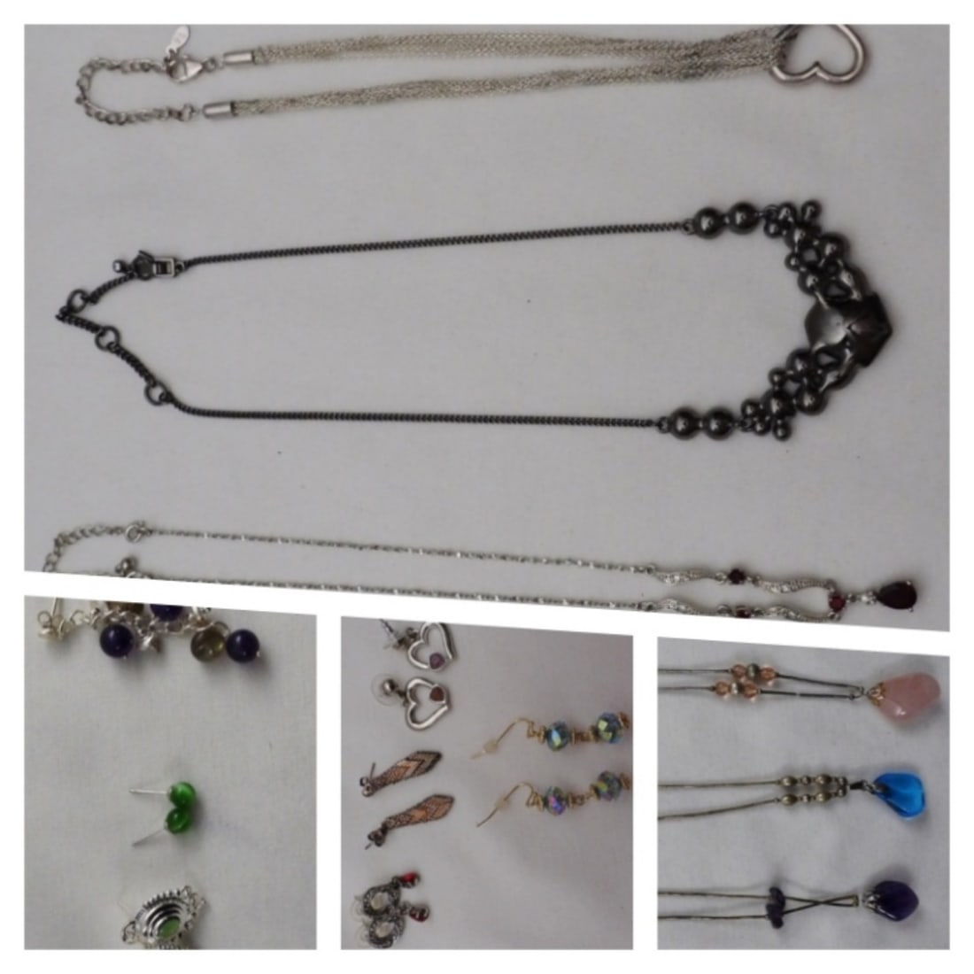 Silver-Tone Necklaces & Earrings: 6 silver-tone necklaces, different lengths and styles, all very pretty, and 9 pairs of earrings