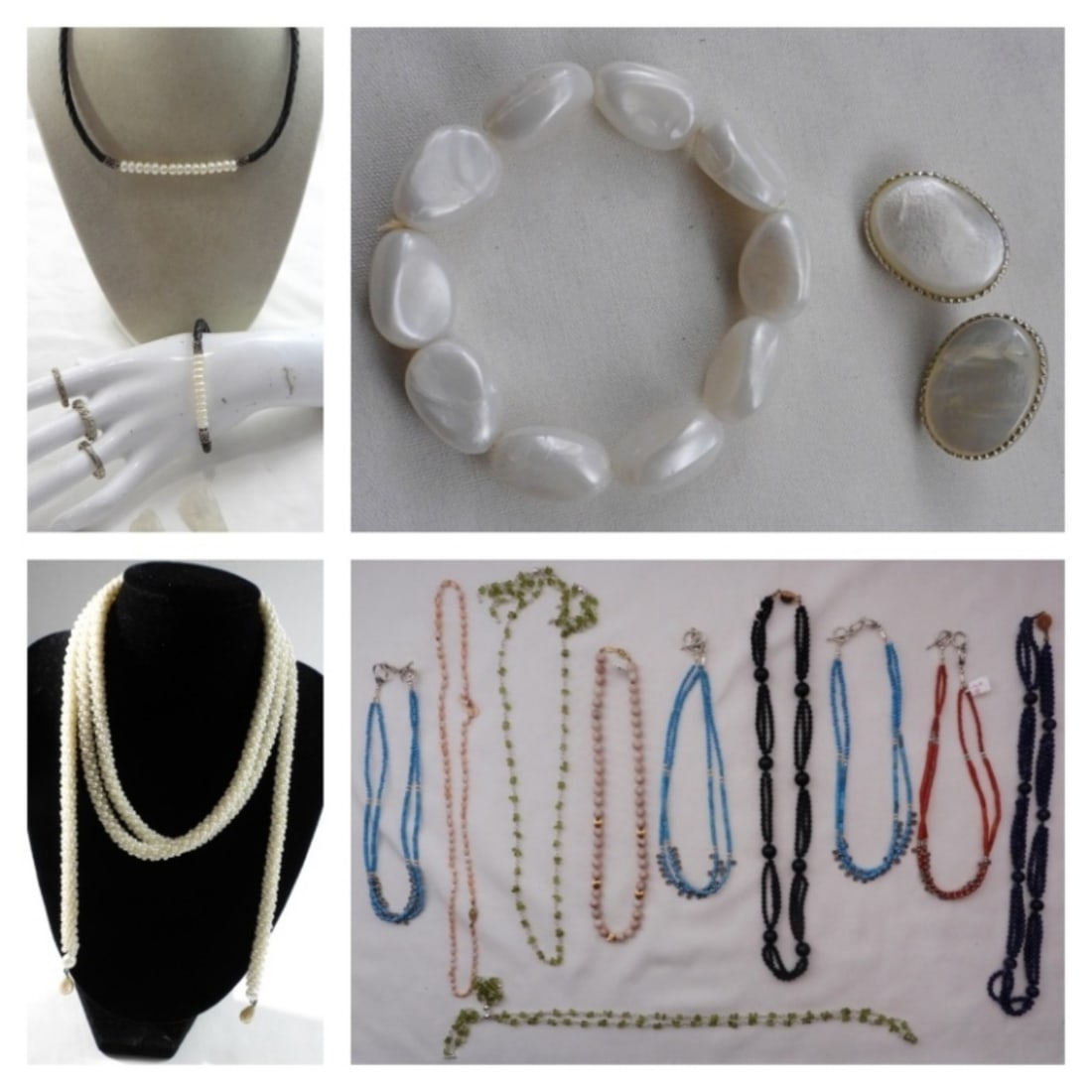 Lot Of Beaded Jewelry: 2 pairs of earrings, 3 rings, 2 bracelets, and 13 necklaces