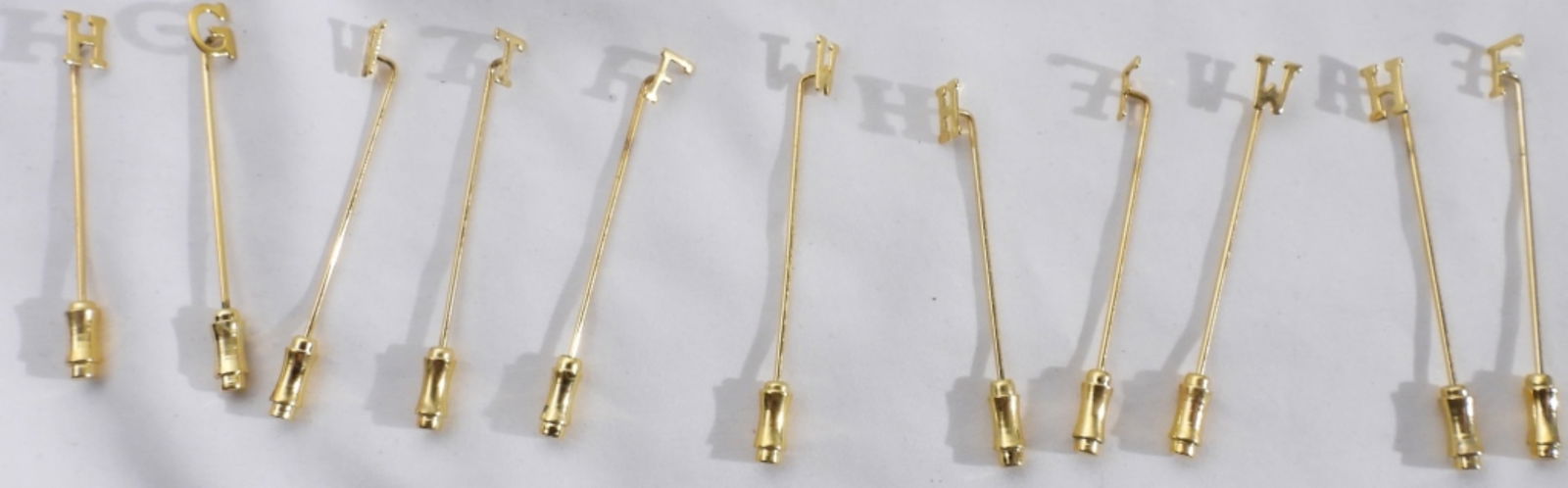 (11) Gold-Tone Letter Scarf Pins: Letters include W, T, H, G, F. Some duplicates