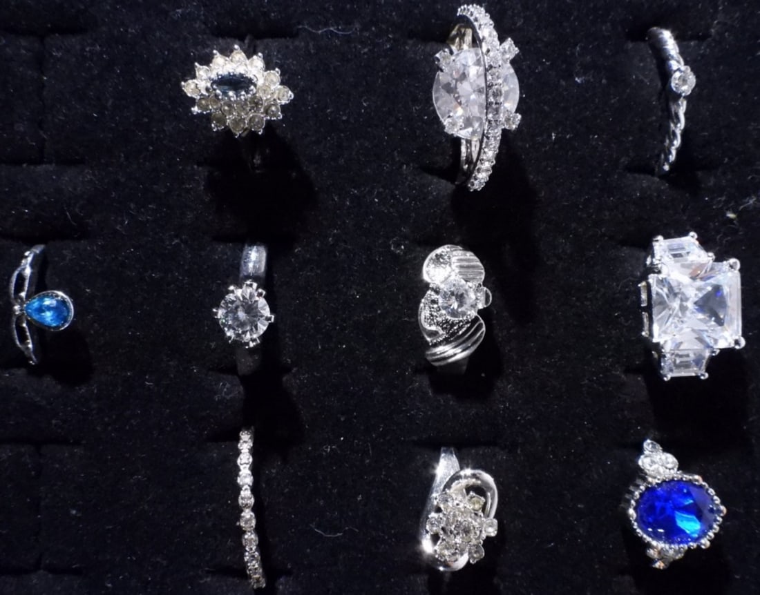 (10) Silver-Tone Women's Rings: Beautiful rings with some jewels on them, Varying sizes
