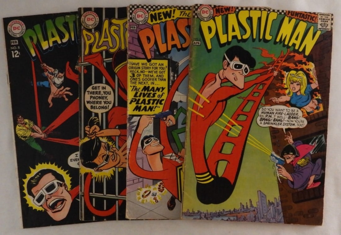 DC Plastic Man Lot Of (4): Silver Age, DC Comics, Plastic Man, #2, 3, 8, and 10, #2 the cover is halfway detached and partially torn, #3 the cover is detached and in two pieces, 8 and 10 g-vg