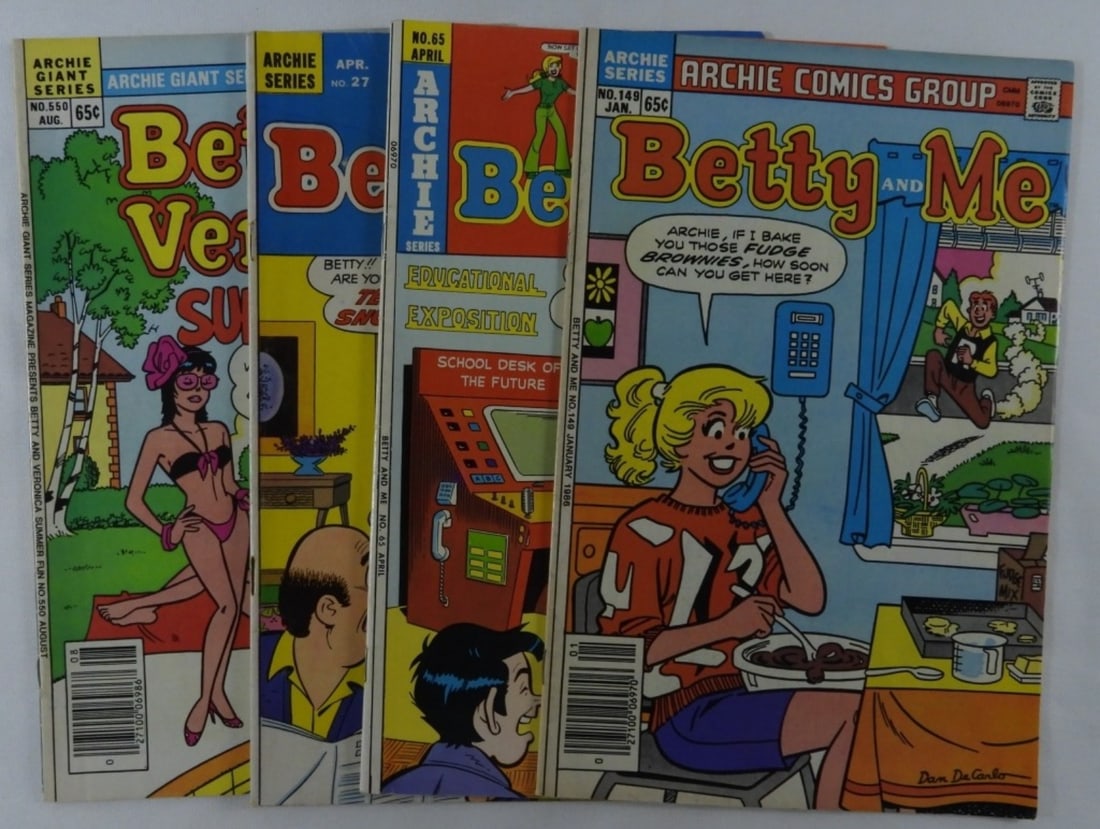 (3) Betty And Me,(1) Betty And Veronica: Betty and Me Numbers 27. someone wrote 10C on the cover, 65 has a bent corner, and 149. As well as Betty And Veronica's Summer Fun #550
