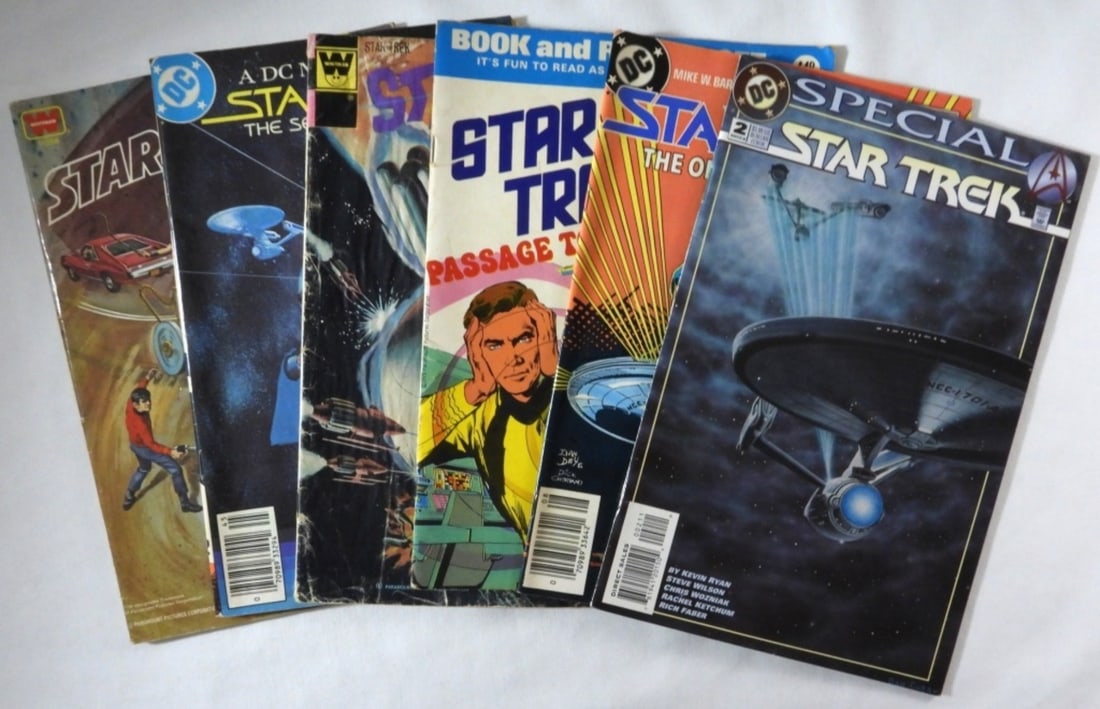 (6) Star Trek: Various grades and various years, Whitman- A bomb in time. The psychocrystals, Whitman- #41 " The Evictors". 3) "Passage to Moauv" (does NOT come with record), DC- "The origin of Saavik!" 5) DC- Movie