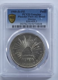 1900-Zs FZ Peso, PCGS AU Detail Planchey Flaw