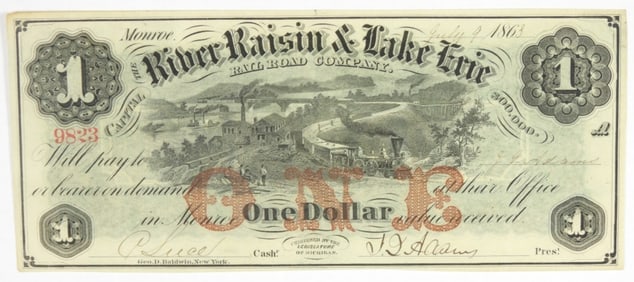 1868 $1 Obsolete Note River Raisin & Lake Erie