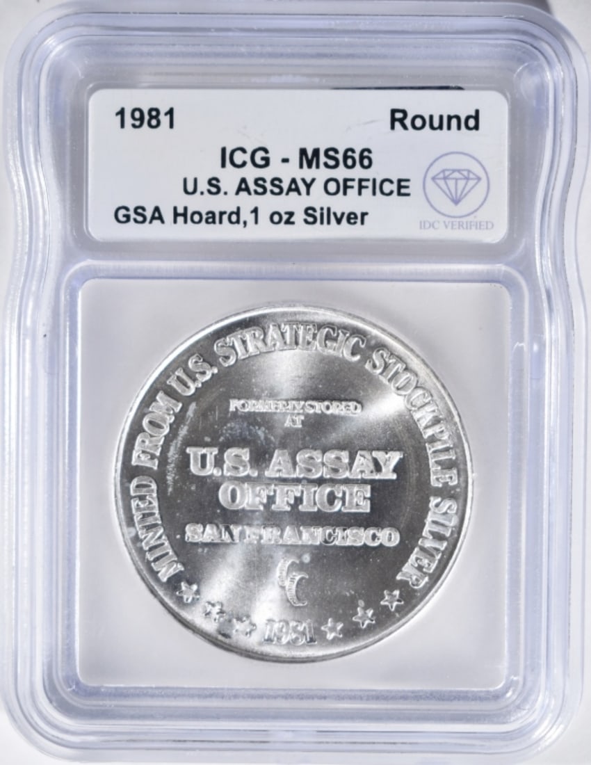 1981 U.S. Assay Office 1oz Silver, ICG MS-66: GSA Hoard
