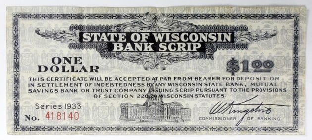 1933 $1 State Of Wisconsin Bank Scrip