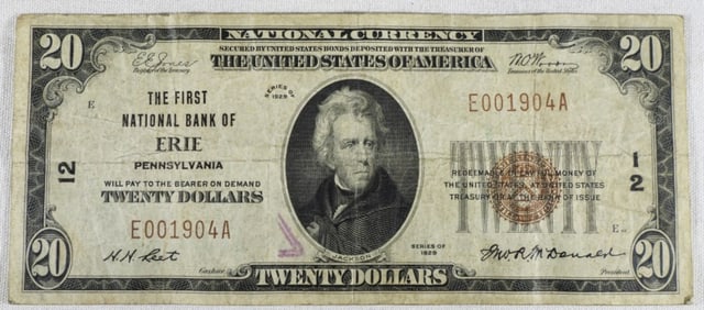 1929 $20 First National Bank of Erie, PA Note