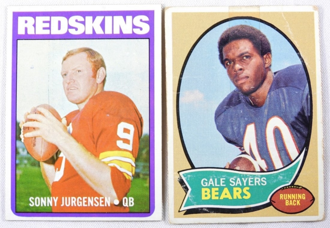 Sonny Jurgensen & Gale Sayers Cards: Gale Sayers has tape on it, but no rips. Slight creases and rounded edges on Gale Sayers