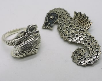 Sterling Koi Fish Ring & Seahorse Pin