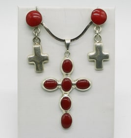 Red Gemstone Cross Necklace & Earrings