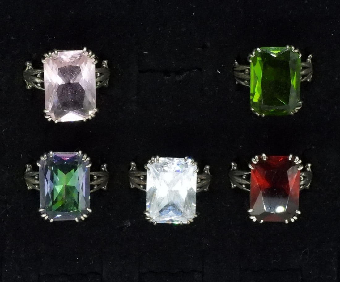 5 Identical Rings with Various Gemstones: Five gorgeous sterling rings with five different gemstones. Rings are all size 11. Simulated Gemstones. (20 dwt) (6x4x2)