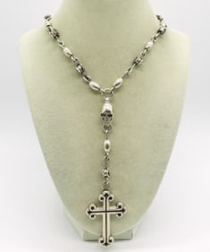 King Baby Rose Skull Crucifix, Sterling Silver