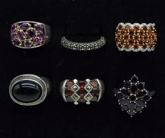 Six Sterling Garnet, Amethyst & More Rings
