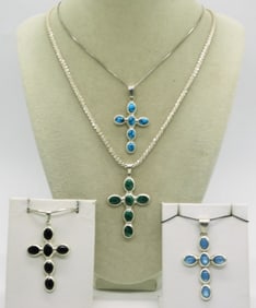Four Sterling Gemstone Cross Necklaces
