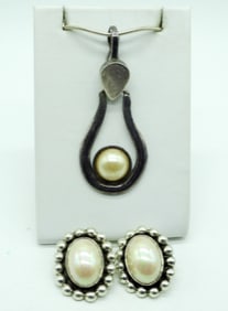 Pearl Sterling Clip On Earrings & Necklace