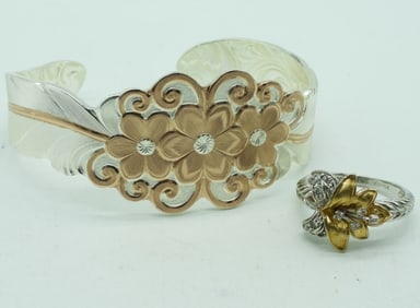 Sterling Floral Cuff Bracelet & Ring