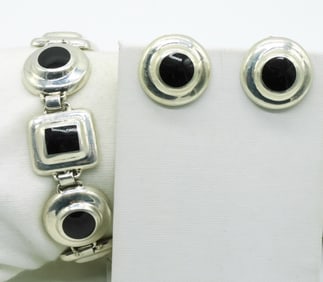 Taxco Black Onyx Bracelet & Clip On Earrings