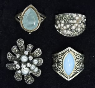 Four Sterling Gemstone & Marcasite Rings