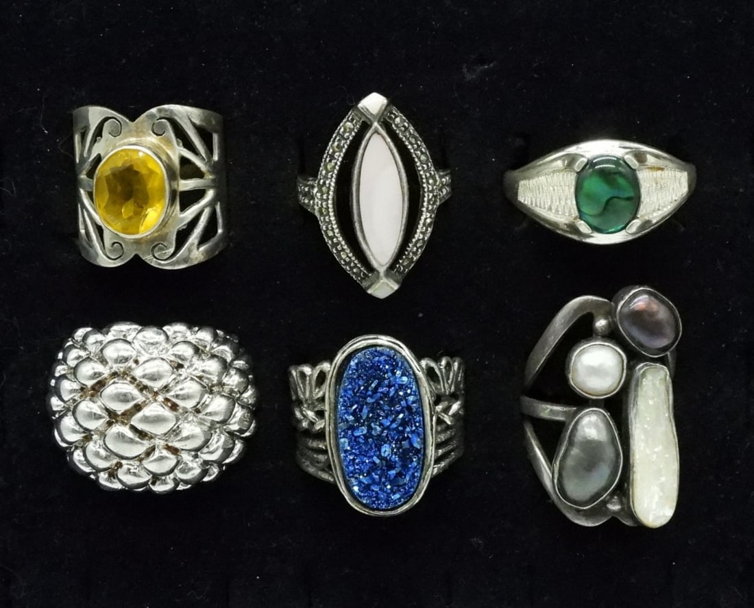 6 Sterling Fashion Gemstone Rings: Six sterling fashion gemstone rings, sizes 7-13 (30 dwt) (6x4x2)