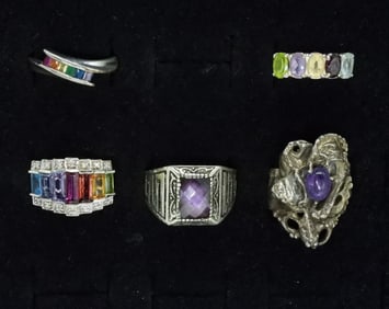 5 Sterling Amethyst & More Rings