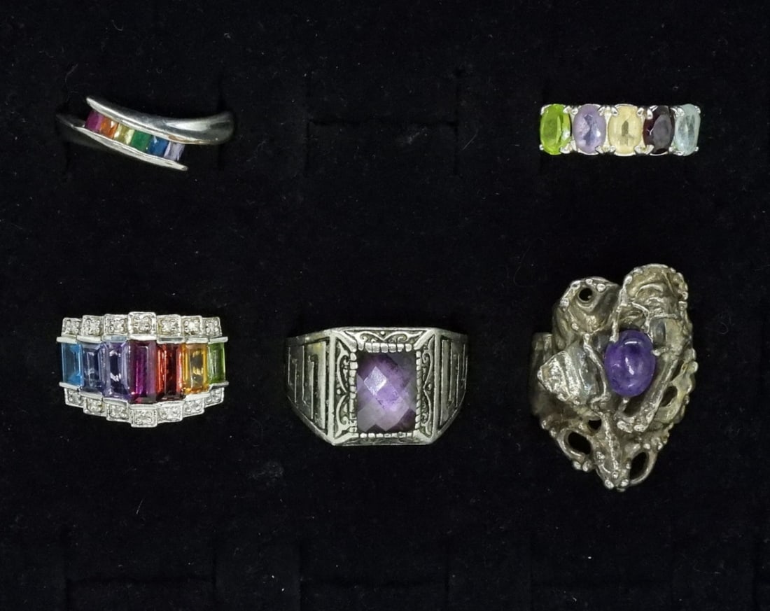 5 Sterling Amethyst & More Rings: Five sterling multi gemstone rings. Sizes 6-12 (20 dwt) (6x4x2)