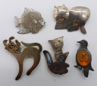 5 Animal Brooches - Amber, Abalone 925