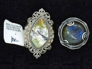 2 Large 925 Labradorite & Green Opal Rings