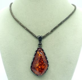 Large Amber Gemstone Sterling Necklace