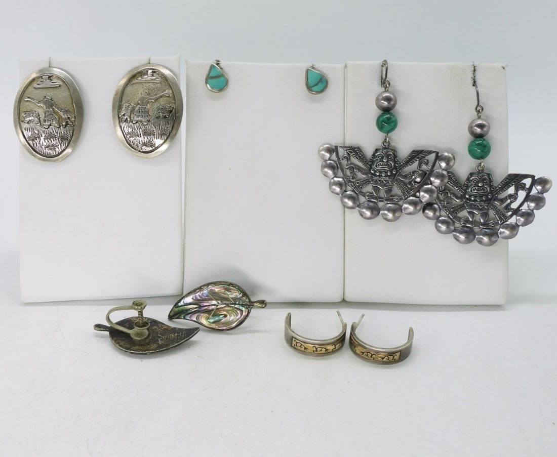 4 Pair Sterling Earrings - Malachite & Abalone: Four pair of sterling earrings. Four are pierced, one with malachite beads. Abalone screw back earrings. (25.2 dwt) (6x4x2)