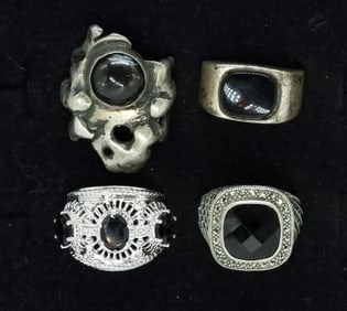 Four Sterling Onyx Gemstone Rings