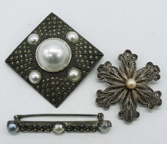 3 Sterling Marcasite Pearl Vintage Brooches