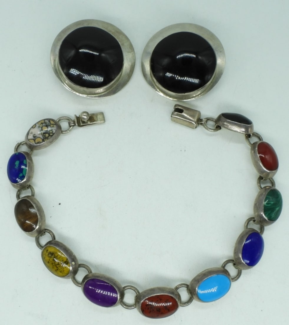 Taxco Black Onyx Earrings & Bracelet (1 of 1)