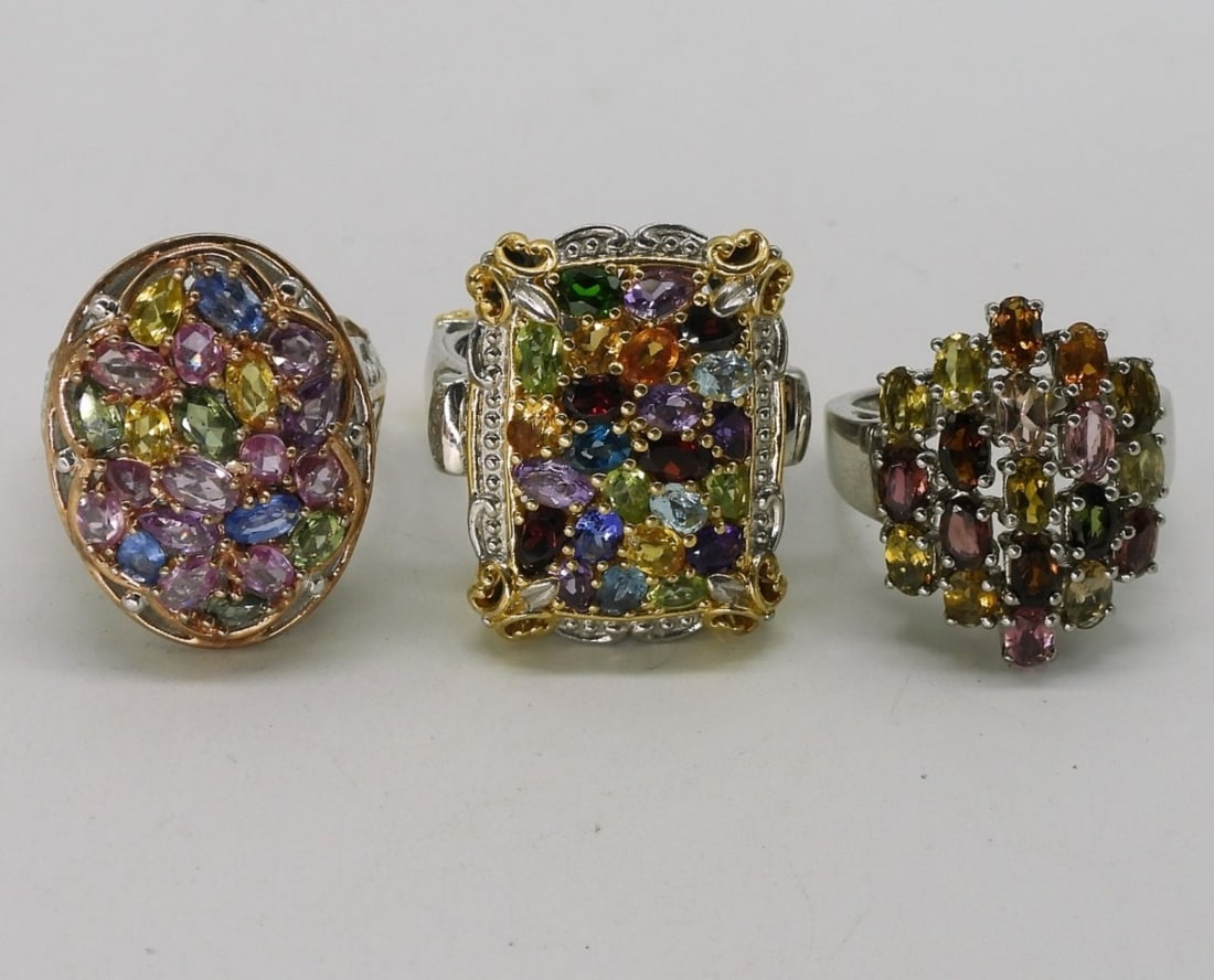 Sterling Multi Gem Fashion Rings: Three sterling multi gemstone women's fashion rings. Sizes 9 & 11. (22 dwt) (6x4x2)