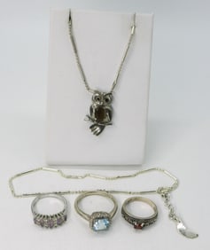 Sterling Owl Necklace, Rings & Bracelet
