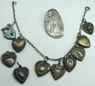 Vintage 925 Heart Charm Bracelet & Pin