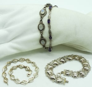 4 Sterling Bracelets, Moonstone & Amethyst