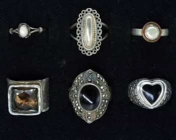6 Sterling Black Onyx & Other Rings