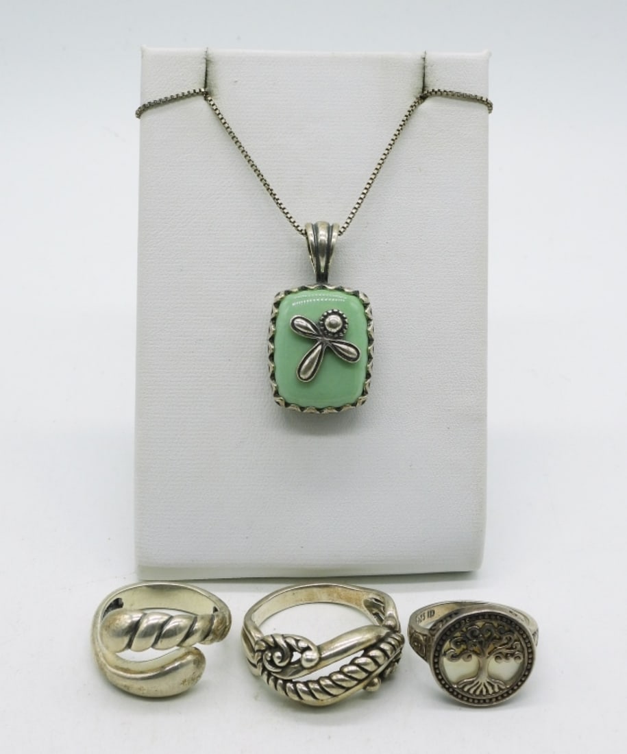 Green Turquoise 925 Necklace & Rings: Green turquoise sterling necklace, 18". Three sterling rings, sizes 7 & 11. (20 dwt) (6x4x2)