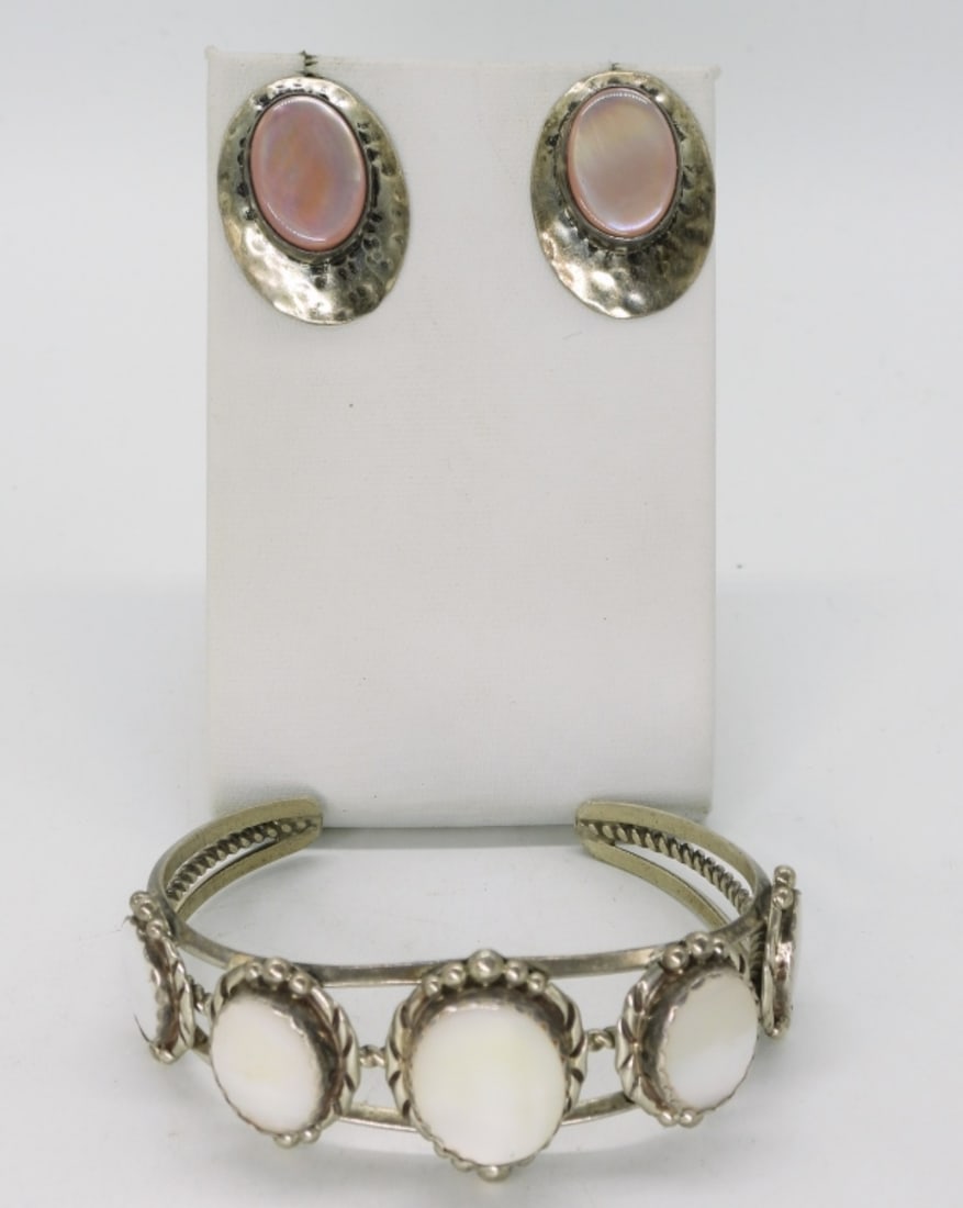 Mother of Pearl 925 Bracelet & Earrings: Sterling mother of pearl cuff bracelet, pink mother of pearl clip on earrings (1" long). (26.2 dwt) (6x4x2)