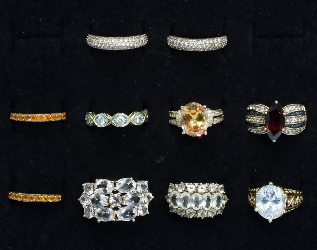 10 Sterling Gemstone Fashion Rings: Ten sterling gemstone fashion rings. Simulated gemstones. Sizes 7-9 (25 dwt) (6x4x2)